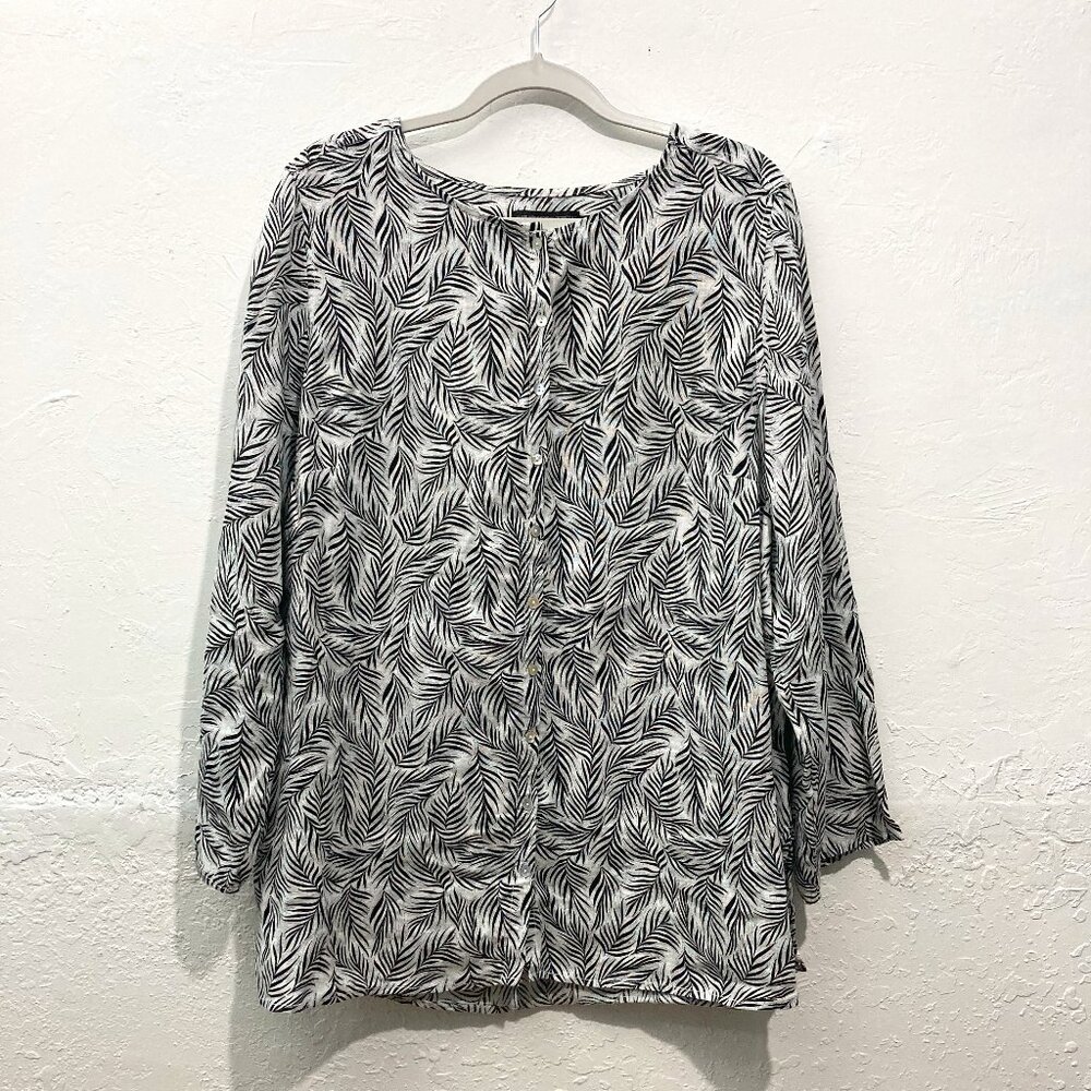 Tahari Womens Tunic Black Botanical European 100% Linen Flax Button Down 1X